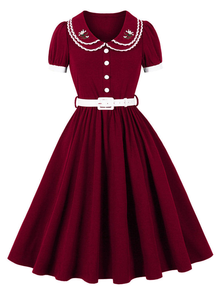 50er Swingkleid mit Blumenstickerei und Peter-Pan-Kragen