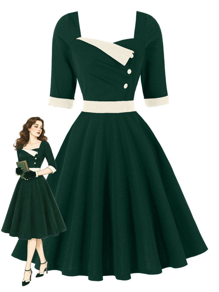 Grünes 50er Colorblock-Kleid mit Karree-Ausschnitt und Halbärmeln