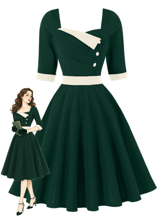 Grünes 50er Colorblock-Kleid mit Karree-Ausschnitt und Halbärmeln