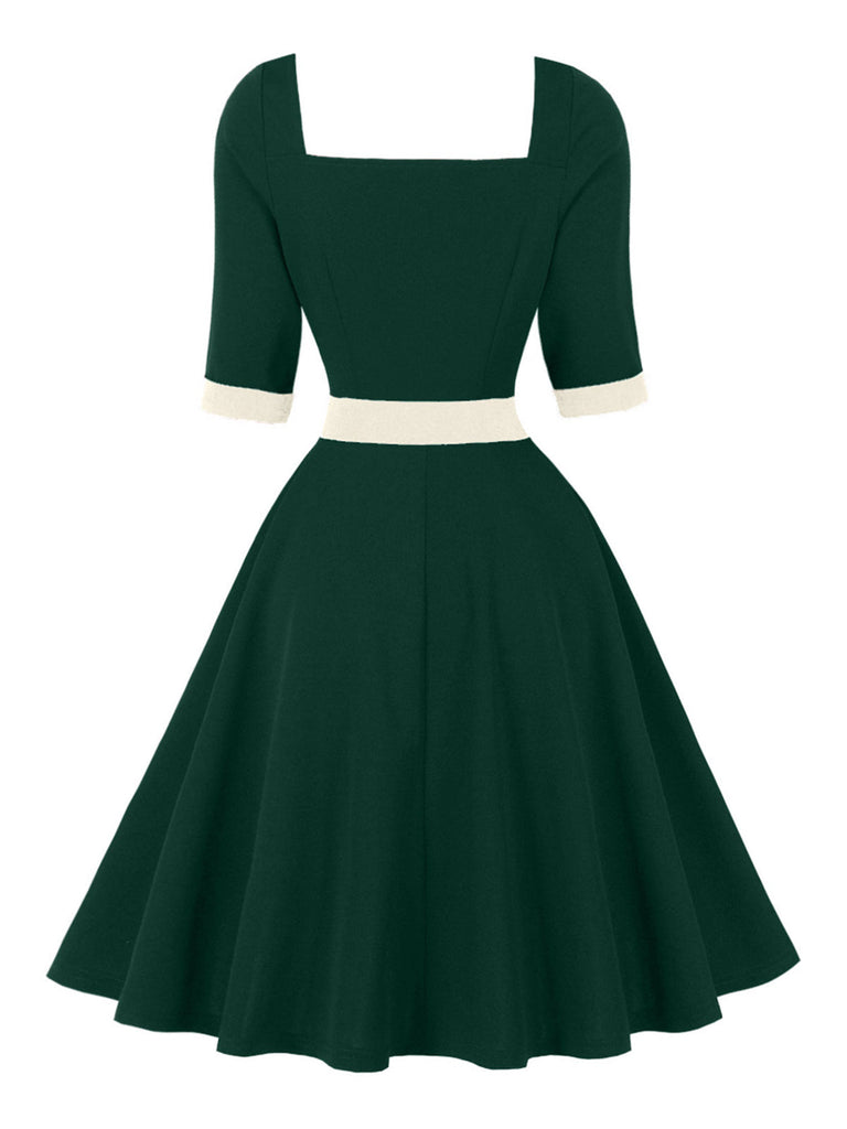 Grünes 50er Colorblock-Kleid mit Karree-Ausschnitt und Halbärmeln