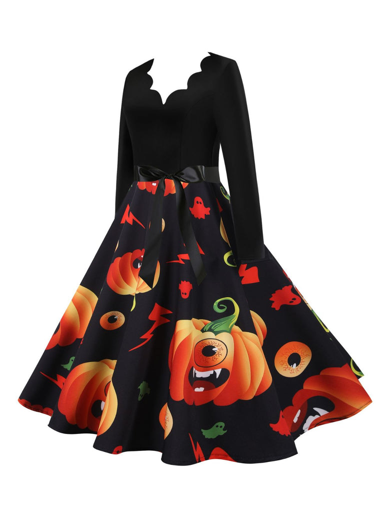 50er Halloween Swingkleid mit Kürbis und Blütenkragen