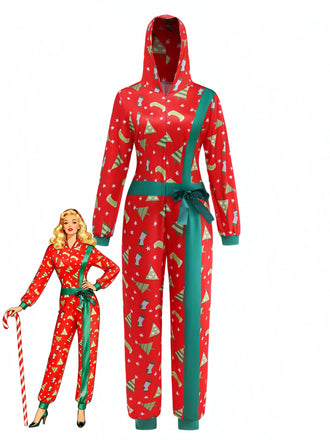 50er Weihnachts-Jumpsuit mit Tannenbaum-Print und Langarm