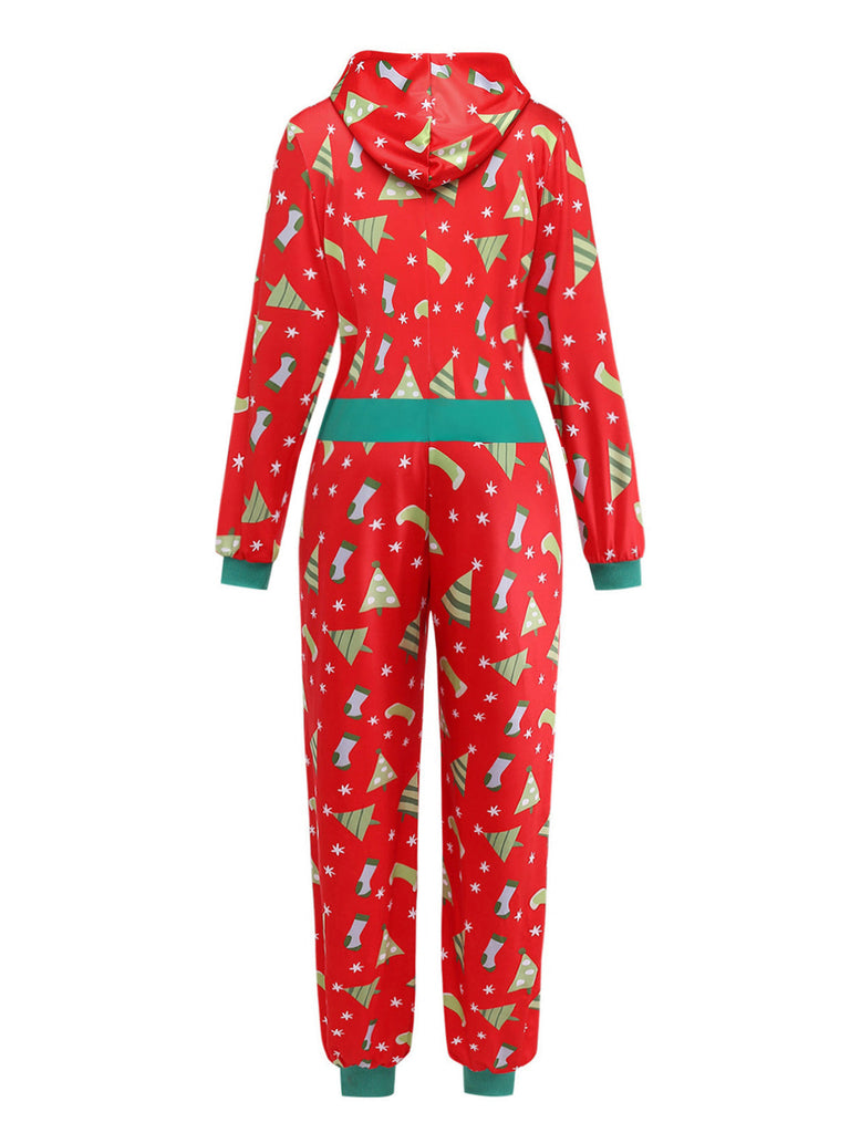 50er Weihnachts-Jumpsuit mit Tannenbaum-Print und Langarm