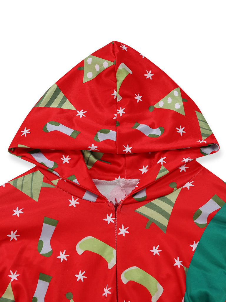50er Weihnachts-Jumpsuit mit Tannenbaum-Print und Langarm