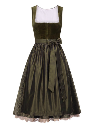 Olivgrünes 50er Kleid mit Blumen und Schürze