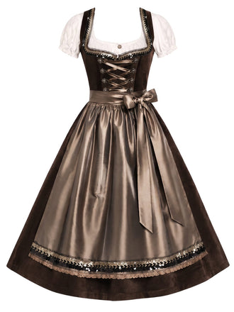 Braunes 50er Kleid mit Eckiger Ausschnitt und Puffärmel