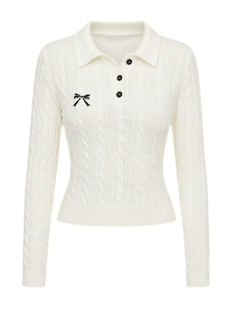 Weißer 50er Zopfstrick-Polopullover mit Schleifenstickerei