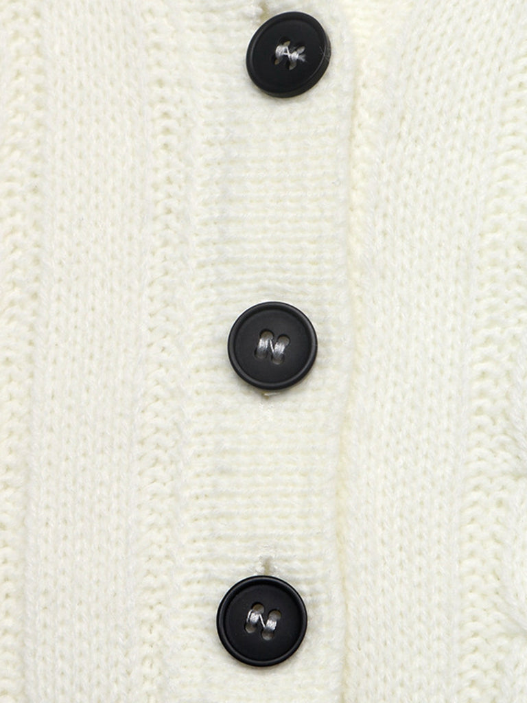 Weißer 50er Zopfstrick-Polopullover mit Schleifenstickerei