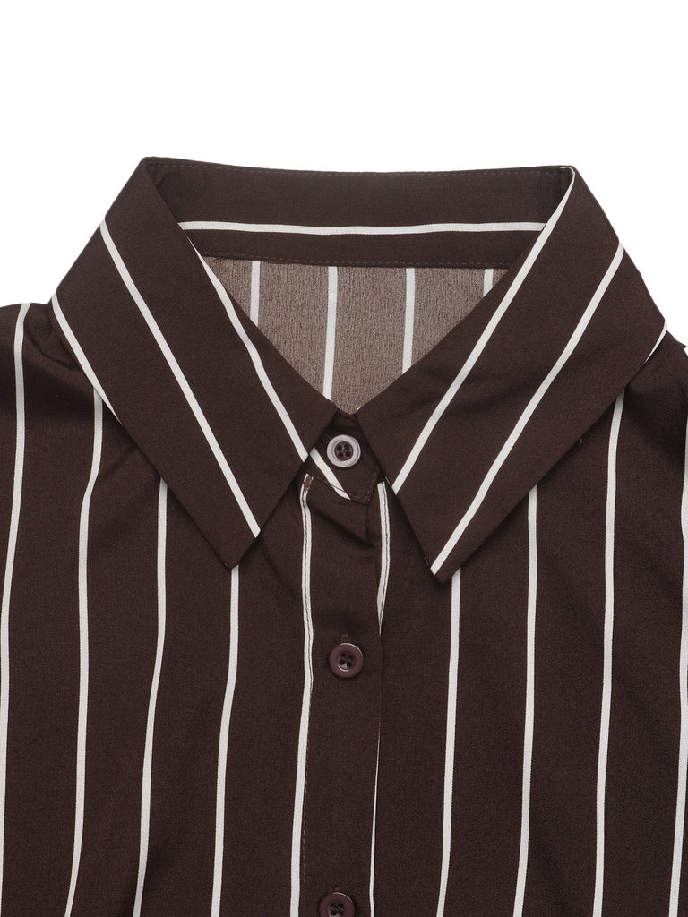 Dunkelbraunes 70er Streifen-Hemdblusenkleid mit Knöpfen und Gürtel
