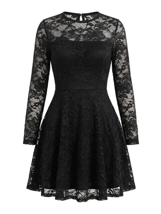 Schwarzes 60er Minikleid mit Blumen-Spitze und Langarm