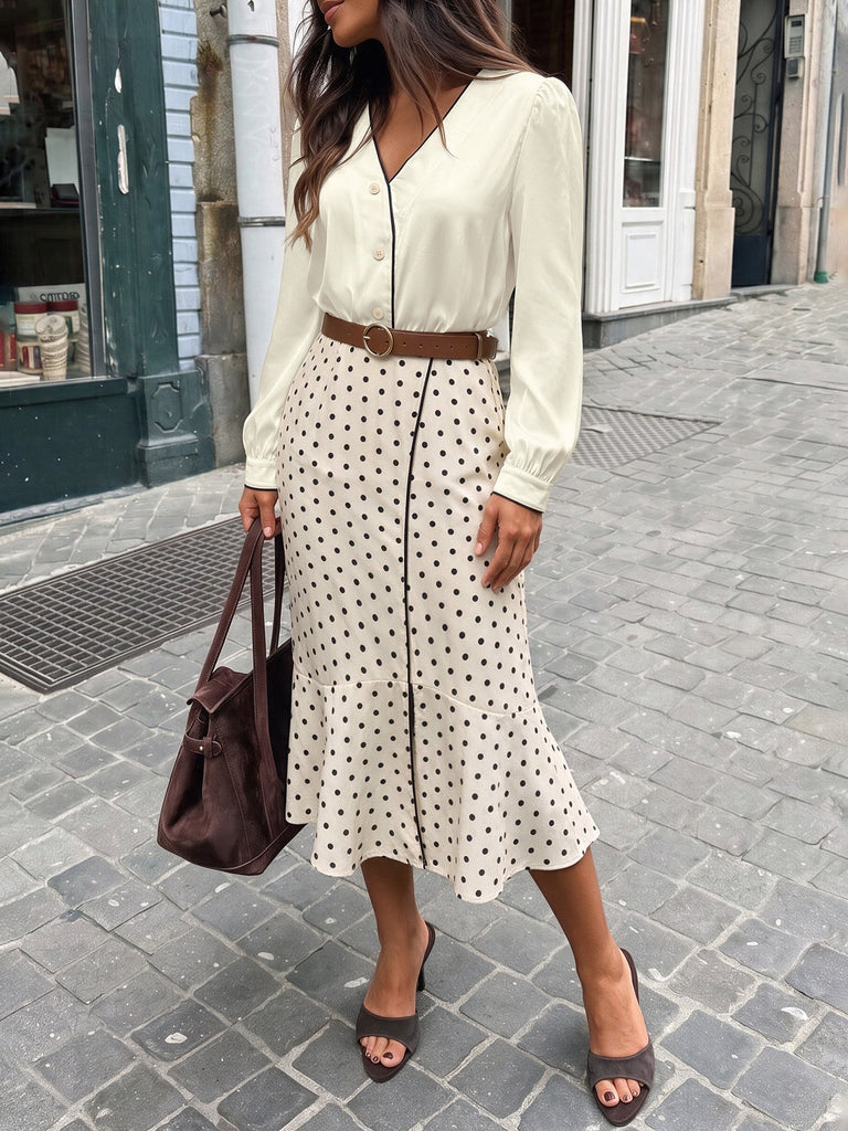 Beige 30er Satinbluse & gepunkteter Meerjungfrauenrock