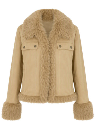 Khaki 50er Jacke mit Kunstfellbesatz und Taschen