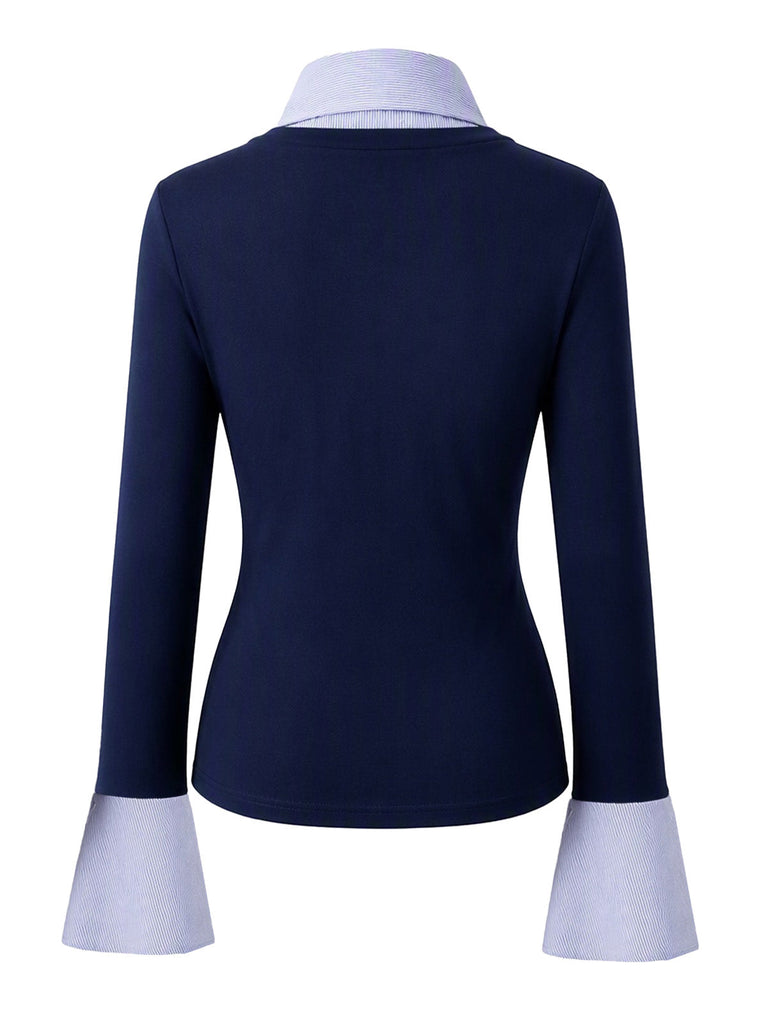 Marineblaues 80er Preppy Top mit V-Ausschnitt und Glockenärmeln