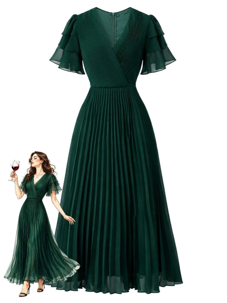 70er Plissee-Maxikleid mit gestuften Volantärmeln