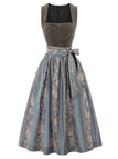 Graues 50er Kleid mit Karree-Ausschnitt und Blumenstreifen-Schürze