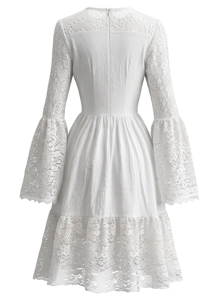 Weißes 80er Midikleid mit Glockenärmeln und Schnürung