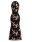 Schwarzes 20er Meerjungfrauenkleid mit Blumenpailletten und Neckholder