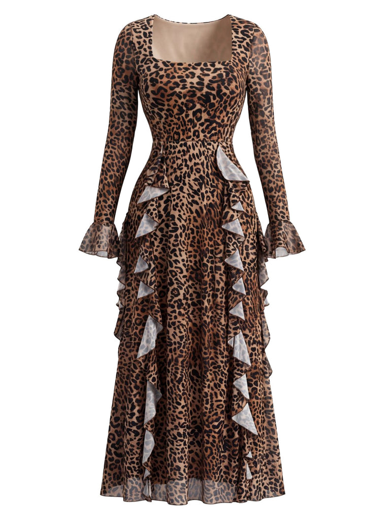 80er Maxikleid mit Leoparden-Print und Rüschen