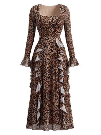 80er Maxikleid mit Leoparden-Print und Rüschen