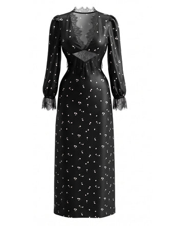 Schwarzes 70er Satinkleid mit Spitze, Cut-out und V-Ausschnitt