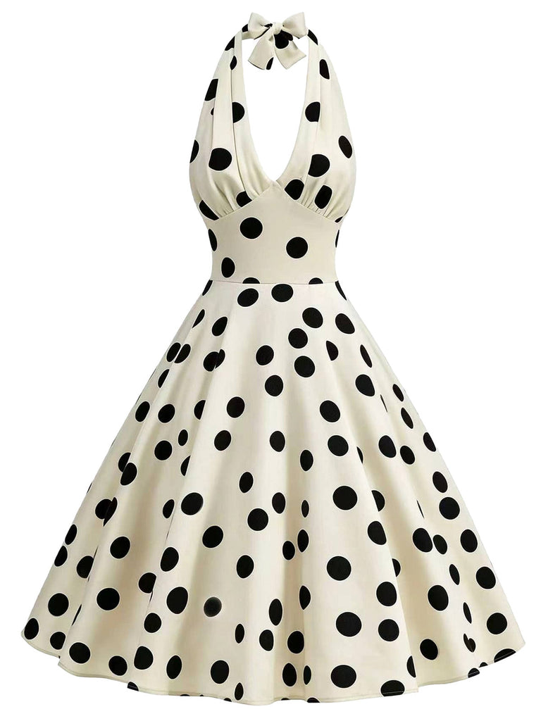 Beige 50er Swingkleid mit Polka-Dots und Neckholder