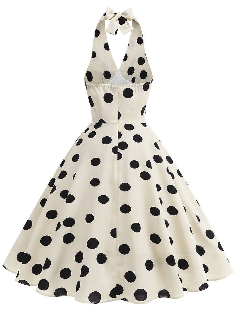 Beige 50er Swingkleid mit Polka-Dots und Neckholder