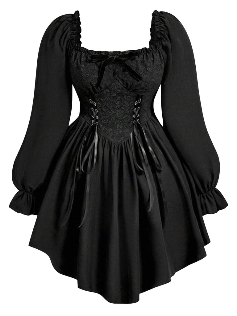 [Übergröße] Schwarzes 70er Gothic-Langarmkleid mit Korsettschnürung