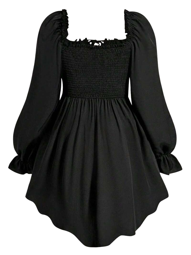 [Übergröße] Schwarzes 70er Gothic-Langarmkleid mit Korsettschnürung