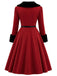 Rotes gegürtetes 50er Mantelkleid mit Flauschkragen und Blumenknöpfen