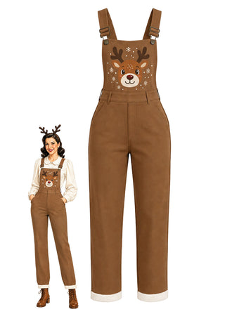 Hellbraune 40er Latzhose mit Rentier und offenkantigen Patchworkdetails