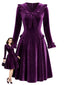 [Vorverkauf] Lila 50er Langarm-Samtkleid mit gerüschtem V-Ausschnitt und Schleife