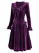 Lila 50er Langarm-Samtkleid mit gerüschtem V-Ausschnitt und Schleife