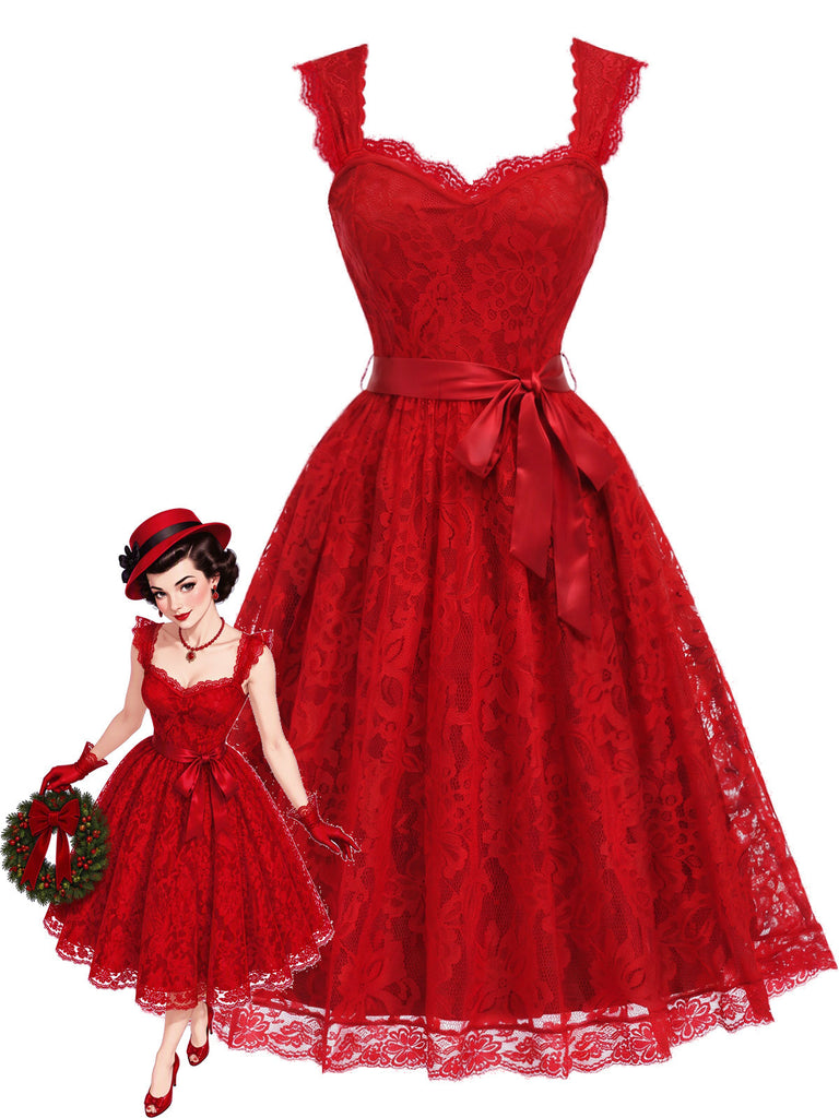 Rotes 50er Spitzen-Swingkleid mit Herzausschnitt und Schleife