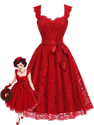 Rotes 50er Spitzen-Swingkleid mit Herzausschnitt und Schleife
