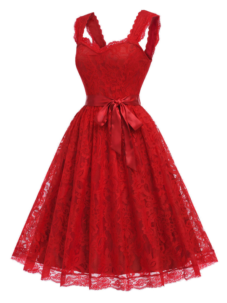 Rotes 50er Spitzen-Swingkleid mit Herzausschnitt und Schleife