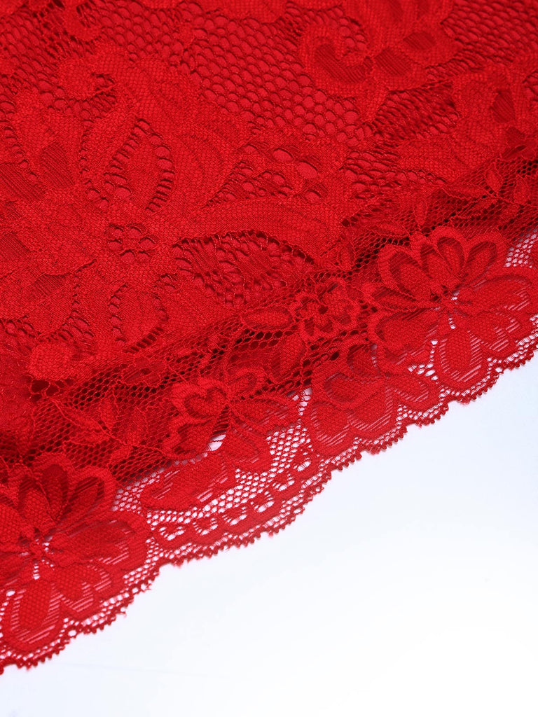 Rotes 50er Spitzen-Swingkleid mit Herzausschnitt und Schleife