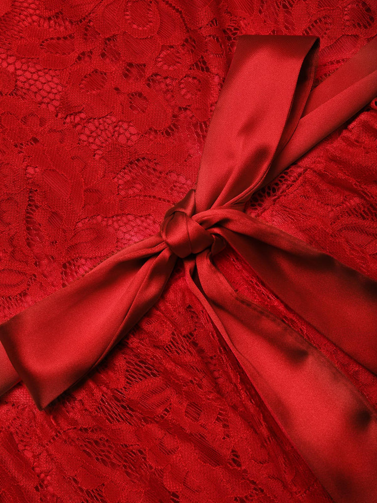 Rotes 50er Spitzen-Swingkleid mit Herzausschnitt und Schleife