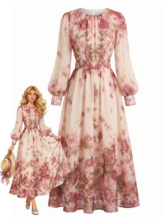 Rosa 70er Chiffon-Kleid mit Blumen und Ballonärmel