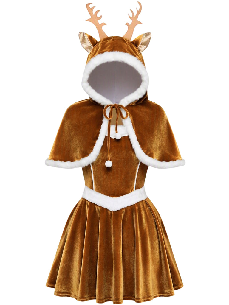 50er Weihnachts-Samtkleid mit Rentiermotiv und Kapuzencape