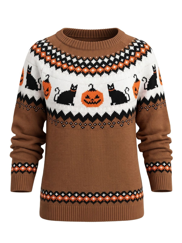 Brauner 40er Halloween-Strickpullover mit Kürbis-Katzen-Print