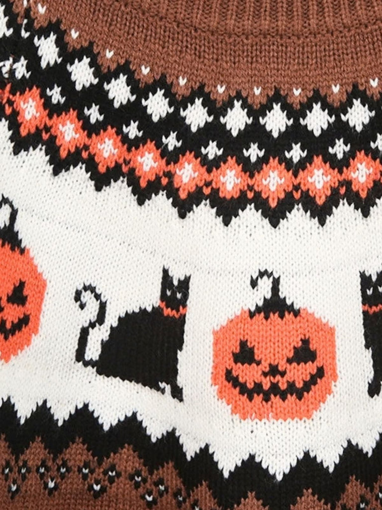 Brauner 40er Halloween-Strickpullover mit Kürbis-Katzen-Print
