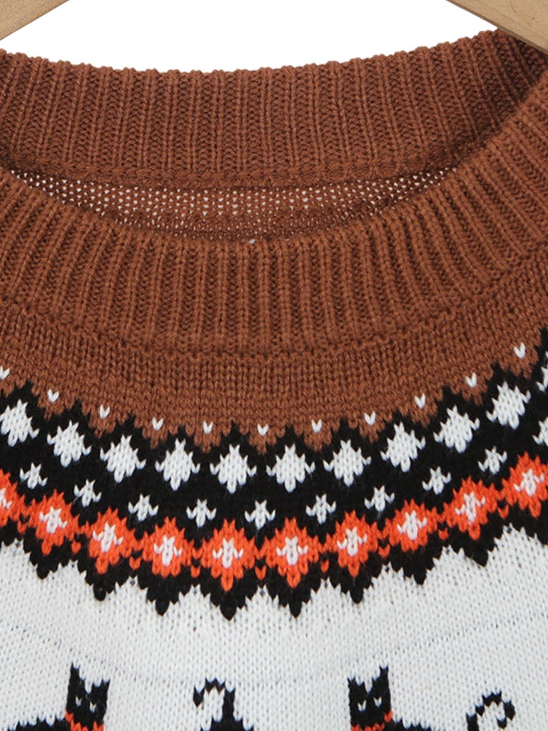Brauner 40er Halloween-Strickpullover mit Kürbis-Katzen-Print