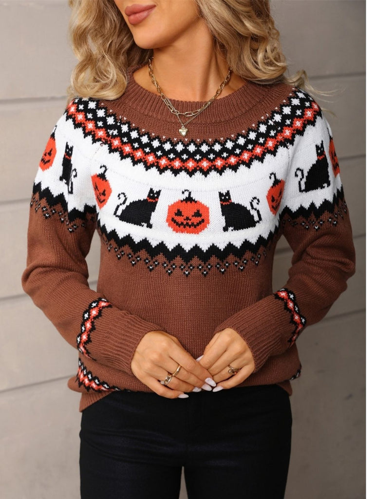 Brauner 40er Halloween-Strickpullover mit Kürbis-Katzen-Print