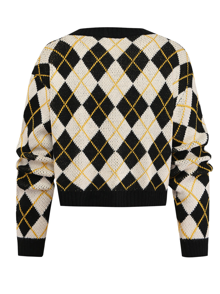 80er Argyle-Strickjacke mit V-Ausschnitt und Knopfleiste