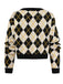 80er Argyle-Strickjacke mit V-Ausschnitt und Knopfleiste