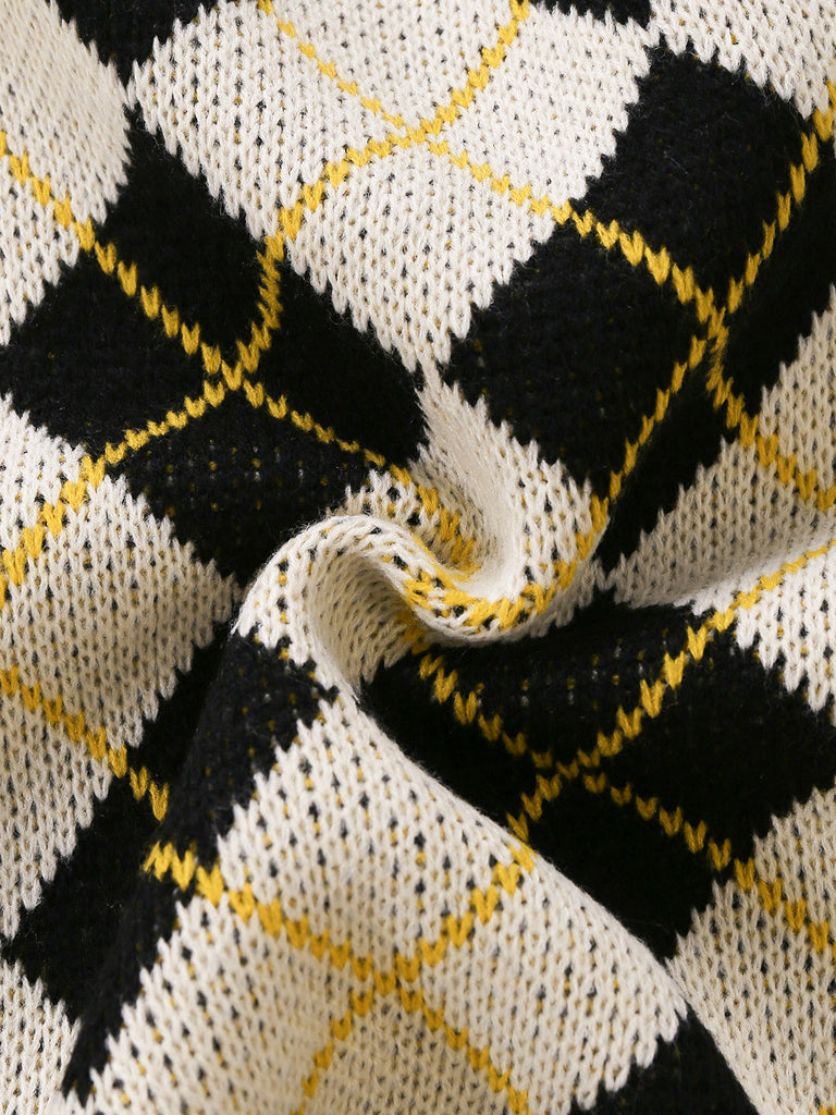 80er Argyle-Strickjacke mit V-Ausschnitt und Knopfleiste