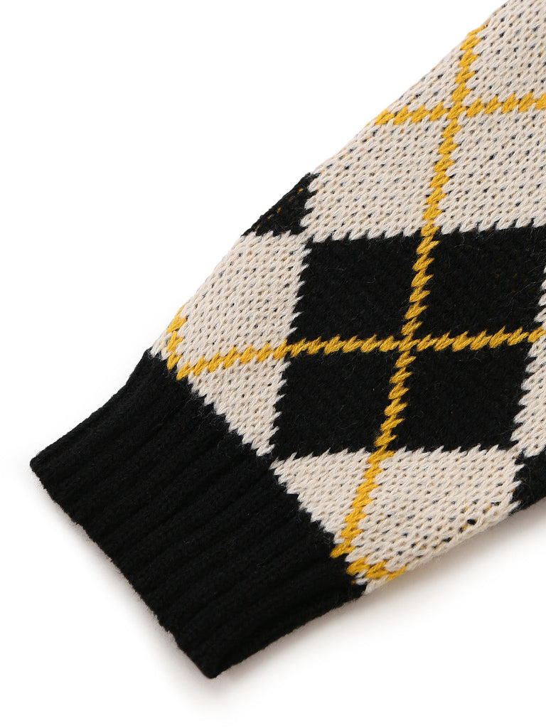 80er Argyle-Strickjacke mit V-Ausschnitt und Knopfleiste
