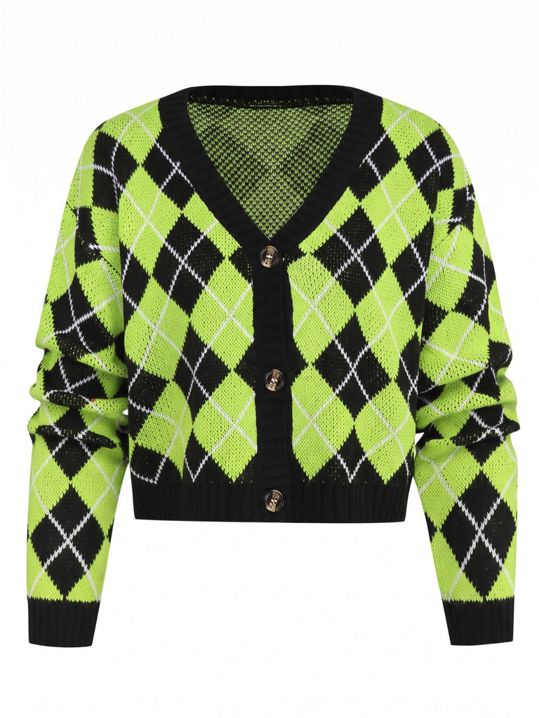80er Argyle-Strickjacke mit V-Ausschnitt und Knopfleiste