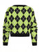 80er Argyle-Strickjacke mit V-Ausschnitt und Knopfleiste