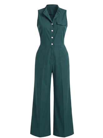 50er Utility-Jumpsuit ohne Ärmel mit Revers, Knöpfen und Taschen